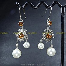 珍珠林~6+8M珍珠搭配琥珀色方鑽耳環~南洋硨磲貝珍珠#420+2