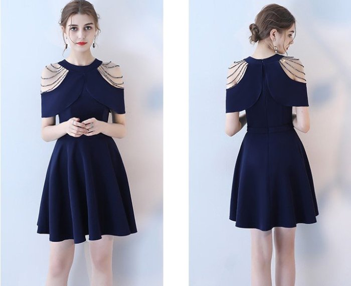 36 韓版短袖深藍色中腰掛脖式立體修身XS夏季洋裝連衣裙女裝聚會宴會裙小尺碼小碼超小尺碼
