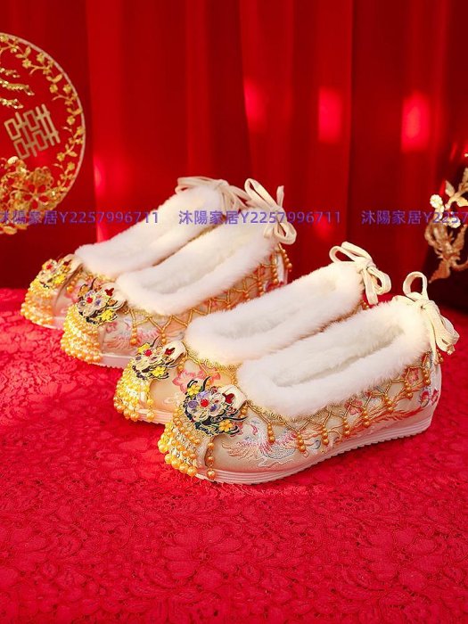 漢唐之家古風明制漢服繡花鞋女冬季加絨平跟中式香檳新娘秀禾婚鞋-沐陽家居