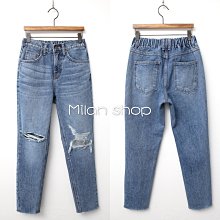 ☆Milan Shop☆網路最低價 正韓Korea獨家款 超挺美破損補釘中藍彈性腰微垮褲S-L$799(特價)