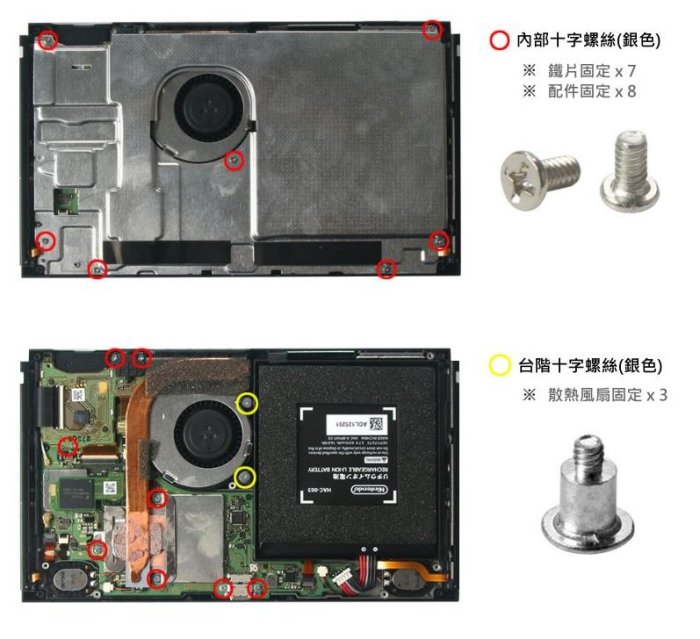 *台灣現貨*任天堂Switch維修零件（主機外殼、滑軌、鐵片、風扇、支架螺絲組）Y字螺絲 十字螺絲 拆機螺絲 內部螺絲