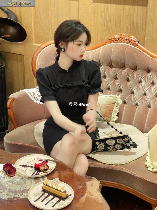EIA一堯【小暗夜】新中式改良旗袍黑色連衣裙女短袖玫瑰提花裙子-促銷