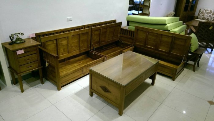 【順發傢俱】印尼柚木~L型木製沙發~手推油~下掀式收納~部份地區免運費