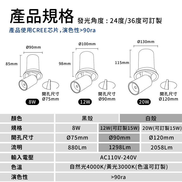 ◎Bling Light LED◎台製COB伸縮象鼻嵌燈/崁燈，12W，CREE晶片，設計師款，保固兩年，另有8/20W