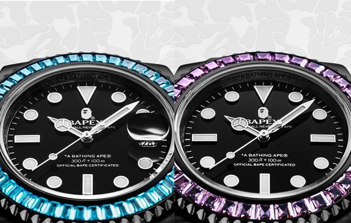 TYPE 1 BAPEX® CRYSTAL STONE 綠鑽粉鑽黑色手錶1J30-187-004。太陽選物