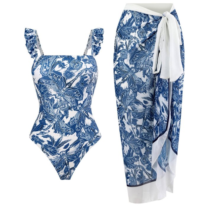 【泳衣】飛邊連身泳衣女法式復古遮肚顯瘦泳裝泰國沙灘度假游玩
