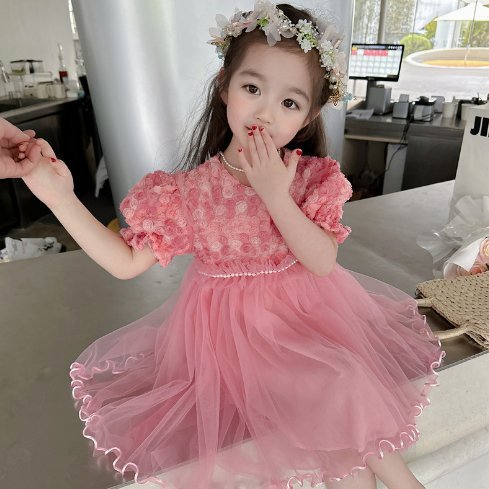 女童公主裙子夏季韓版洋氣小女孩泡泡袖花朵連衣裙女寶寶禮服紗裙