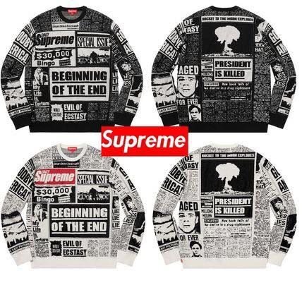 Cheers】Supreme Newspaper Print 報紙滿版印刷針織毛衣衛衣限量黑白