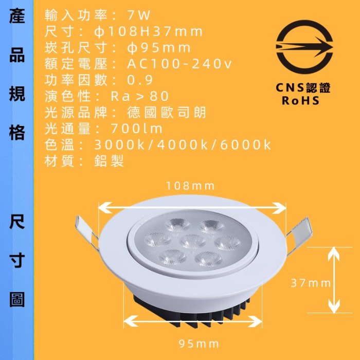 (促銷商品)CNS認證 LED崁燈 7珠 投射燈組 德國歐司朗燈珠 9.5cm崁孔 厚度3.5cm可調角度 附快速接頭