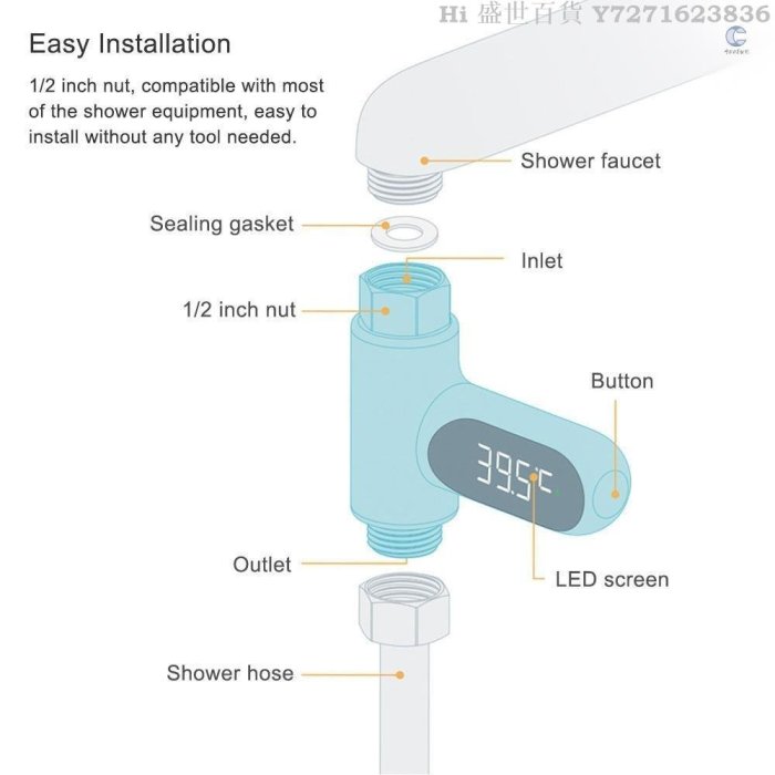 Hi 盛世百貨 LED顯示水錶數字淋浴溫度計浴缸溫度監測器水溫測量儀5~85°C 範圍 °C/°F 高精度淋浴浴室通道