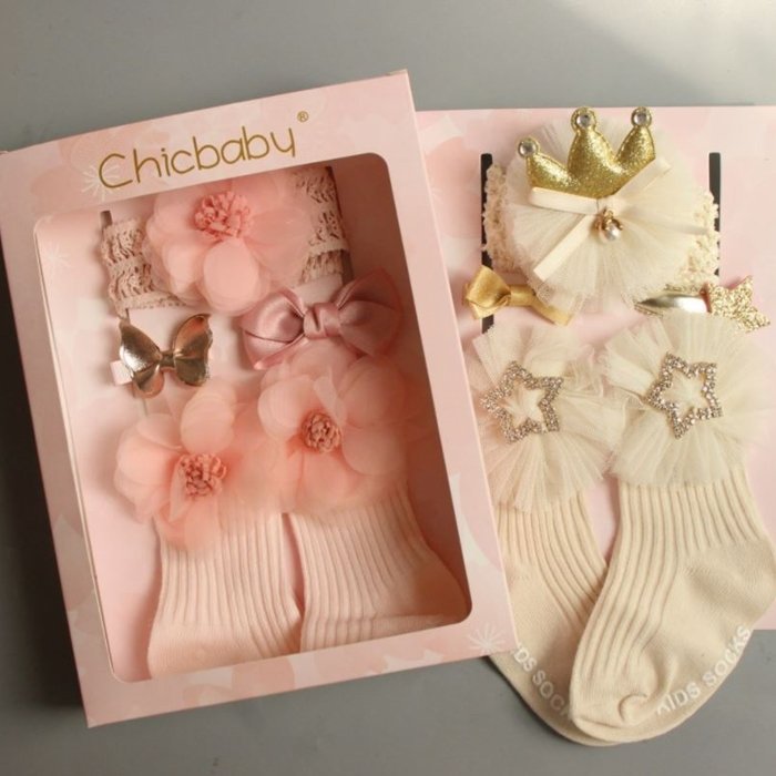 [愛雜貨]兒童純棉襪子禮盒 韓國兒童髮飾禮品套装 蝴蝶結髮帶 頭帶髮夾 髮卡襪子