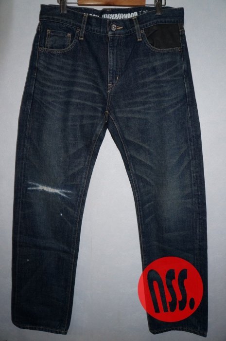 「NSS』NEIGHBORHOOD DEVILOCK  DENIM PANTS 聯名 破壞 牛仔褲 窄版 S 皮革