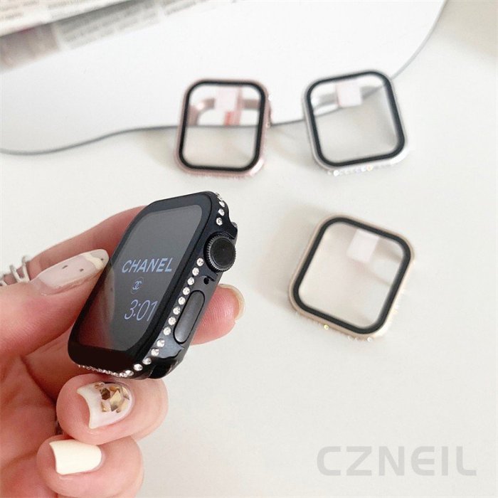 S7通用 Apple Watch 鋁合金全包殼 殼膜一件式 防摔保護殼 鑲鑽錶殼 鋼化膜  5 6 SE iwatch7