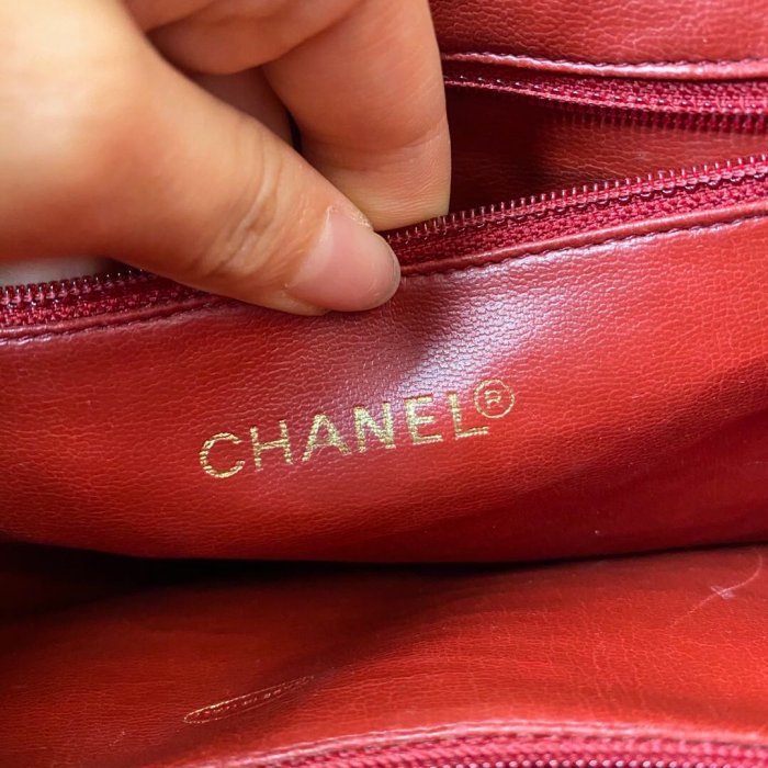 Chanel vintage 紅金荔枝皮大logo金球雙肩包後背包