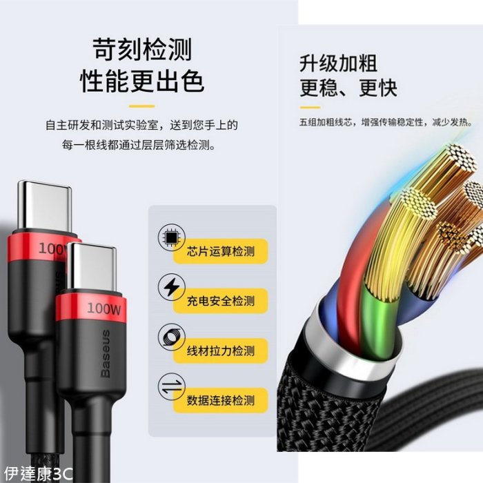 【台灣現貨】Baseus 倍思 卡福樂系列 Type-C PD2.0 100W 閃充數據線 20V 5A 2米線長