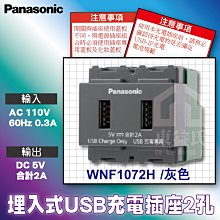 國際牌Panasonic WNF1072H 埋入式USB充電插座 2孔灰色 USB充電插頭 水電材料 充電專用【東益氏】