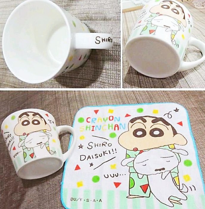 牛牛ㄉ媽×日本進口全新正版商品蠟筆小新馬克杯 CRAYON SHINCHAN 野原新之助杯子 附小方巾 與好朋友小白狗睡衣款