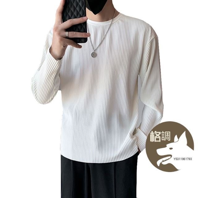 格調…韓國 褶皺豎條長袖T恤男 高質感長袖上衣 素色大學T 百搭底衫 套頭衫 男生上衣