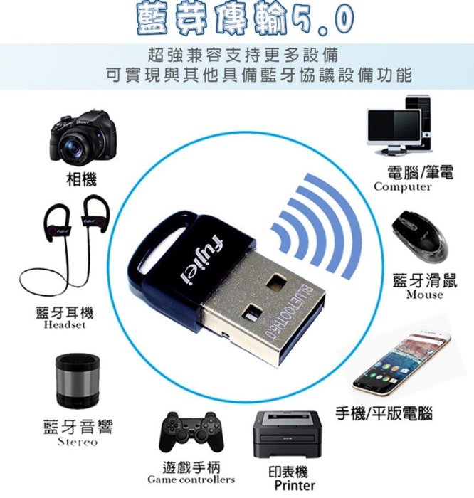 Fujiei 迷你USB藍牙傳輸器5.0/藍牙接收器,不支援蘋果系統,電腦WIN7以下需上網安裝驅動程式