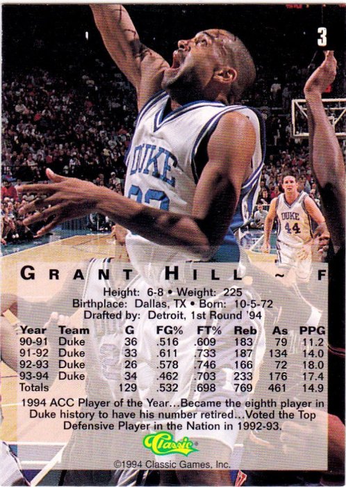 Grant Hill 1994 Classic Four Sport GOLD #3