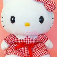 ♥小花花日本精品♥HelloKitty格子蝴蝶結洋裝造型絨毛玩偶娃娃12352500