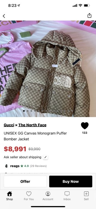 GUCCI x THE NORTH FACE 聯 名 滿版羽絨 OVERSIZE S