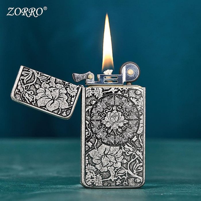 ZORRO佐羅煤油打火機原銅超薄精雕古銀牡丹復古新年禮物送男友
