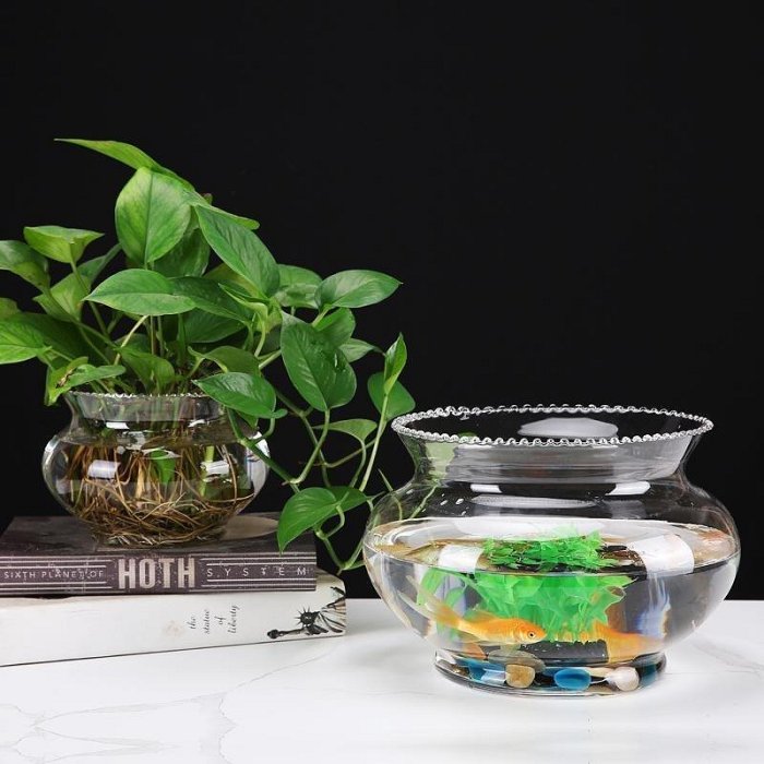 透明玻璃魚缸創意花邊小型金魚缸烏龜缸生態水培綠蘿桌面造景擺件^特價特賣