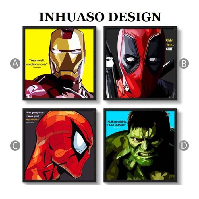 INHUASO 癮｜画｜所　POP藝術版畫MARVEL復仇者聯盟掛畫鋼鐵人蜘蛛人綠巨人浩克死侍電影海報裝飾畫(4款可選)