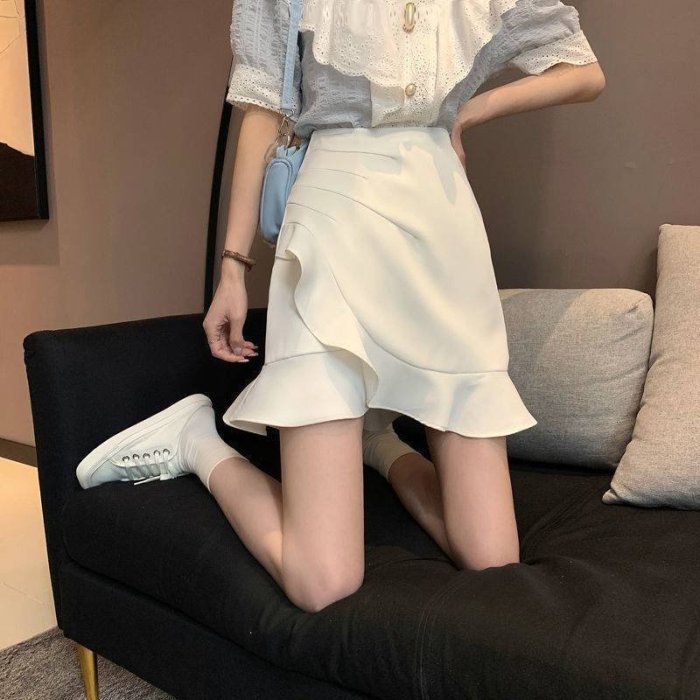 白色魚尾裙半身裙女春季2023新款高腰字裙荷葉邊顯瘦包臀短裙子