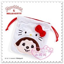 ♥小花花日本精品♥Hello Kitty x Monchhichi絨布造型束口袋縮口袋收納袋大臉蝴蝶結 (預購)