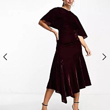 (嫻嫻屋) 英國ASOS-酒紅色天鵝絨飄曳袖不對稱下擺中長裙洋裝禮服EJ23