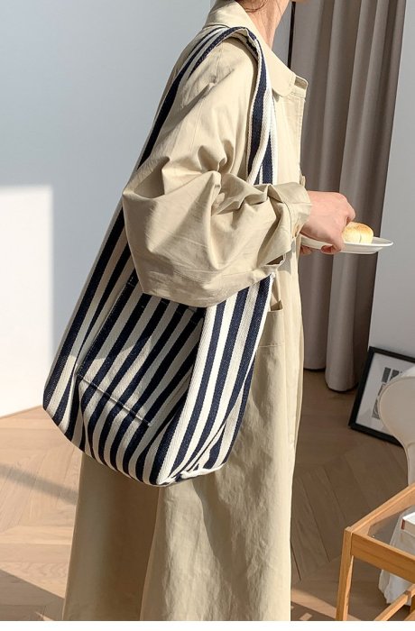 女包購物袋休閑通勤單肩包女時尚潮流條紋帆布包小眾設計大容量托特包
