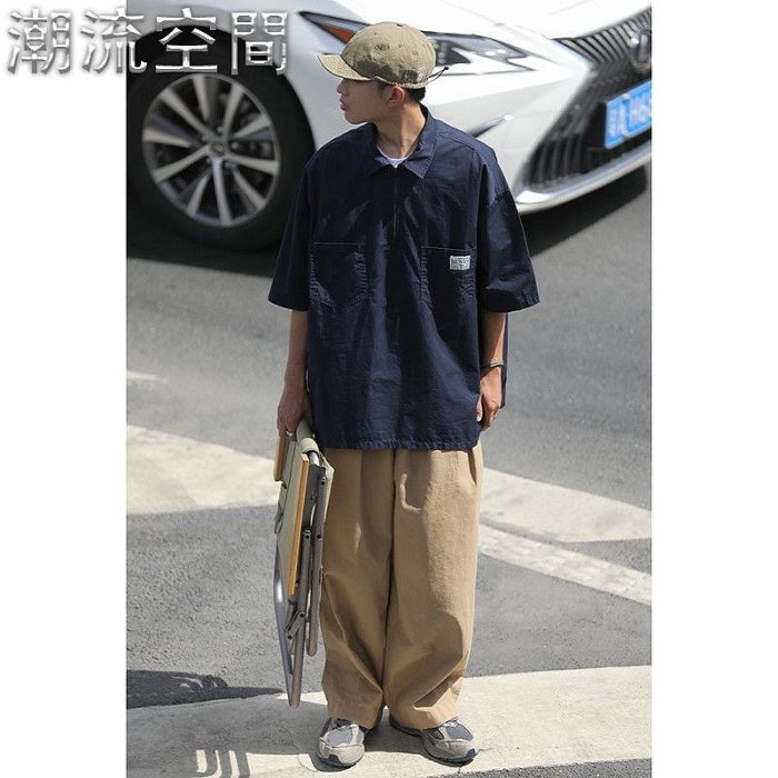 兩件裝 單件 日系 短袖 襯衫 男 寬松 polo 襯衣 百搭 闊腿 工裝褲 夏季 套裝-潮流空間