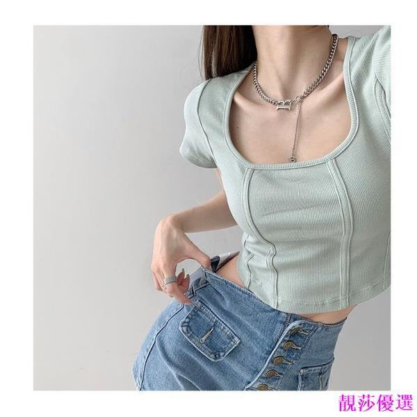 S-XL 韓版上衣 女生衣服  T恤  羅紋復古立體魚骨線條打底衫方領T素色短袖上衣女-靚莎優選