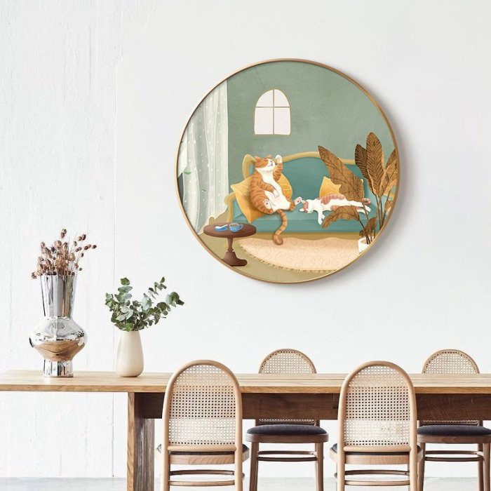 現貨熱銷-北歐貓咪餐廳圓形裝飾畫綠色可愛治愈臥室房間掛畫電視背景墻壁畫~特價