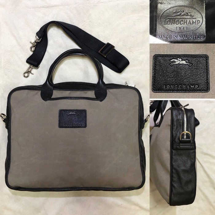 低價起標～近新 法國精品 LONGCHAMP 牛皮斜背包 真皮公事包 帆布商務包 皮革手提包👜 波特包