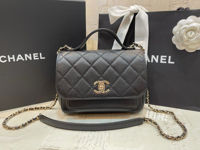 《真愛名牌精品》CHANEL A93749 黑色 荔枝皮 翻蓋 金鍊 郵差包 兩用包(小)*全新品*代購