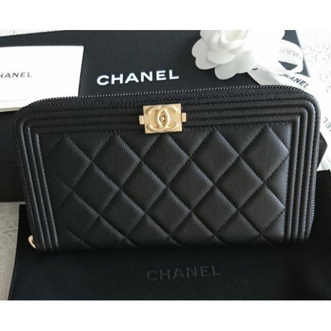 全新法國正品 Chanel 香奈兒 拉鏈長夾 黑色牛皮荔枝紋金扣 零錢包 皮夾 A80288 實拍