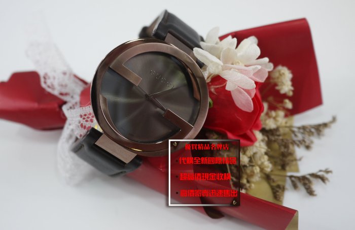 優買二手精品名牌店 GUCCI GG LOGO 42MM 古銅金 巧克力金色 大錶面 牛皮 錶帶 石英錶 錶 手錶 激新