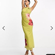 (嫻嫻屋) 英國ASOS-花卉印花點綴不對稱領性感線條露美背修身長裙綠色洋裝EF23
