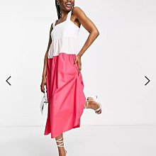 (嫻嫻屋) 英國ASOS-Style Cheat時尚優雅名媛粉色分層拼色平口領寬肩帶中長裙洋裝 EI23