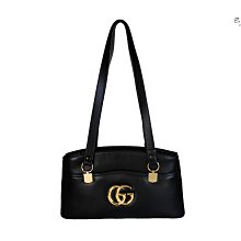 【巴黎站二手名牌專賣店】＊現貨＊GUCCI 真品＊550130黑色滑面牛皮金雙G LOGO雙層手提肩背包