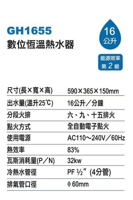 16公升【舊換新 含安裝 】HCG 和成牌 智慧型 數位恆溫 強制排氣 熱水器 GH1655【嚇一跳店舖】【嚇一跳店鋪】