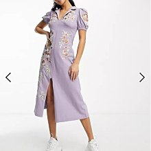 (嫻嫻屋) 英國ASOS-花卉刺繡點綴紫色西裝領泡泡袖中長裙洋裝EC23