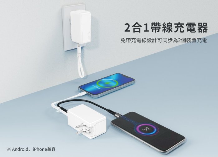 5000mAh Lightning/Type-C 旅充頭 LED燈顯示 Sardine 自帶線插頭二合一快充行動電源