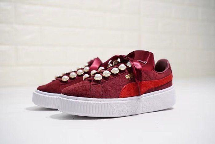 Puma basket platform metallic珍珠絲帶厚底松糕休閑板鞋“酒紅珍珠”366688-03