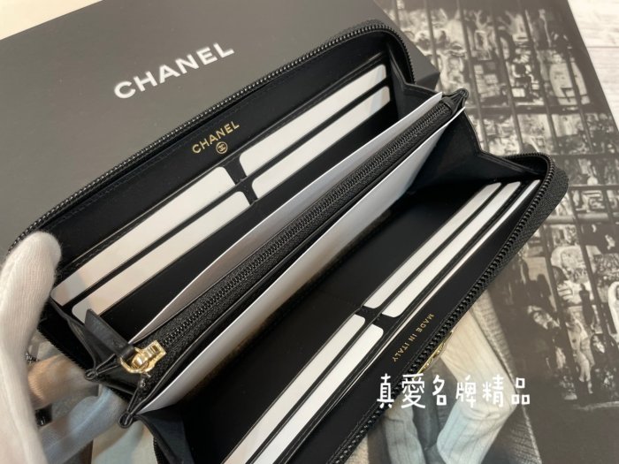 《真愛名牌精品》CHANEL A80288 Boy 黑色 荔枝皮 ㄇ型 淺金扣 拉鍊 長夾 *全新*代購