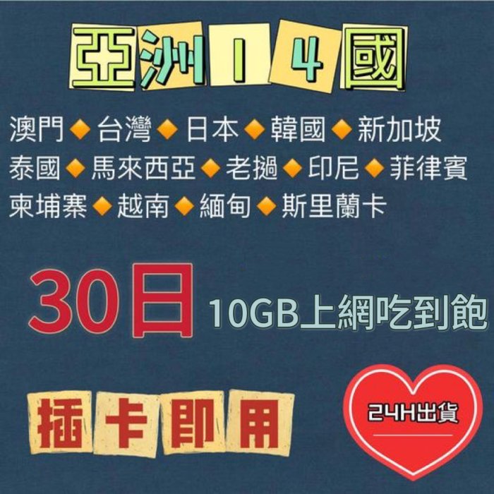 亞洲14國30日吃到飽上網卡10GB不斷網 日本 泰國 韓國 菲律賓 澳門 斯里蘭卡 緬甸 老撾 印尼 越南網路SIM卡