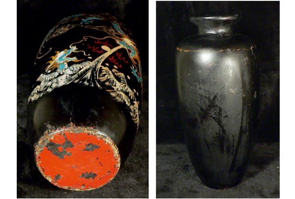 乖乖@賣場~日本漆器觀音瓶~木胎漆器雙龍戲珠瓶~老件年代不詳